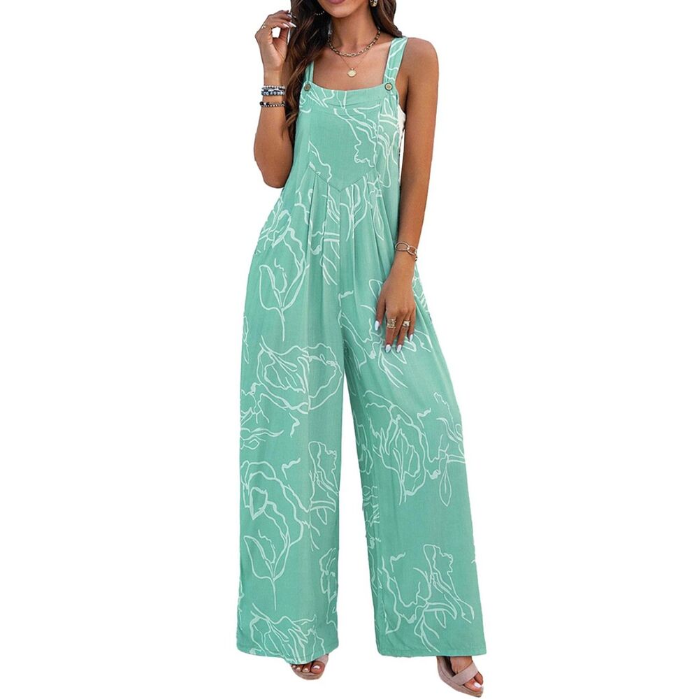 Womens Romper Jumper Overalls Moonlight Jade Printed Bib Wide Leg Light Weight